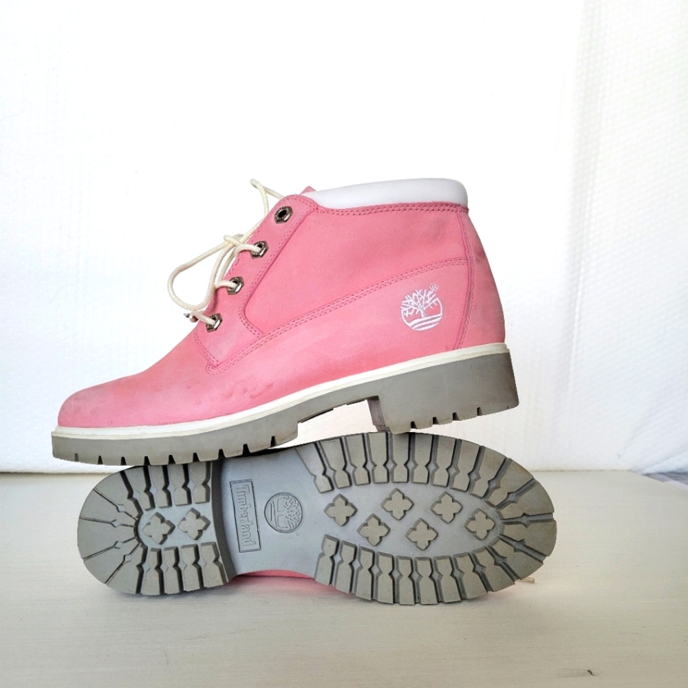 Pink and White Timberland Boots